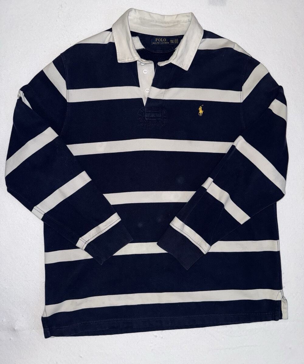 Polo Ralph Lauren Rugby Shirt Mens XXL Navy White Stripe Brushed Fleece Cotton